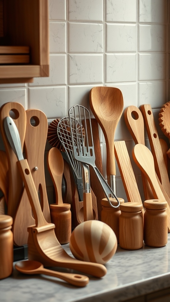 A collection of wooden kitchen gadgets including spoons, spatulas, and jars displayed on a countertop.