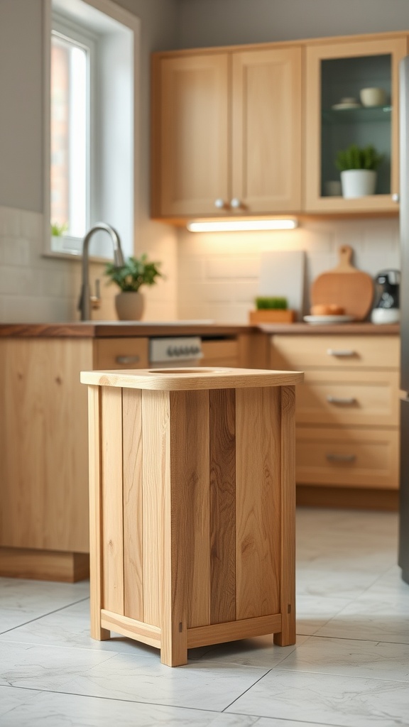 A wooden trash bin in a modern kitchen setting