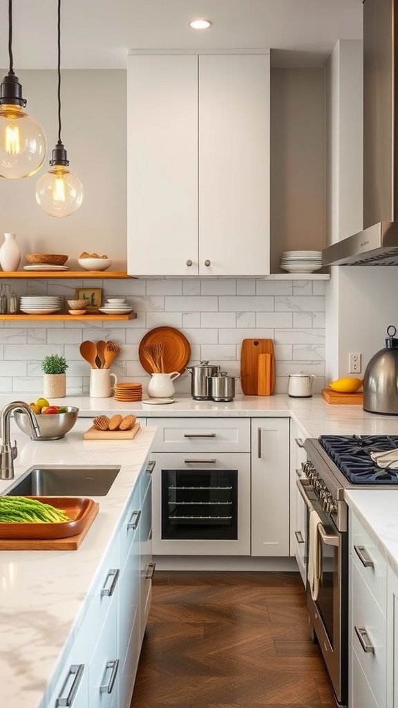 A modern kitchen featuring functional workstations, spacious counter, and organized utensils on open shelves.