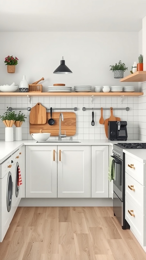 A stylish Scandinavian kitchen with white cabinetry, open shelves, wooden accents, and integrated laundry facilities.