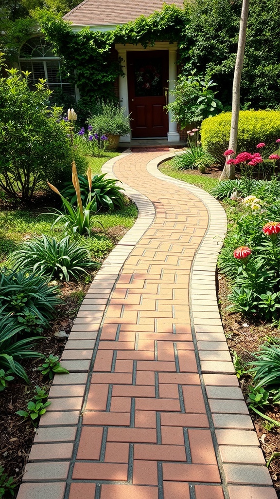 Curved brick pathway leading to a front door surrounded by lush garden