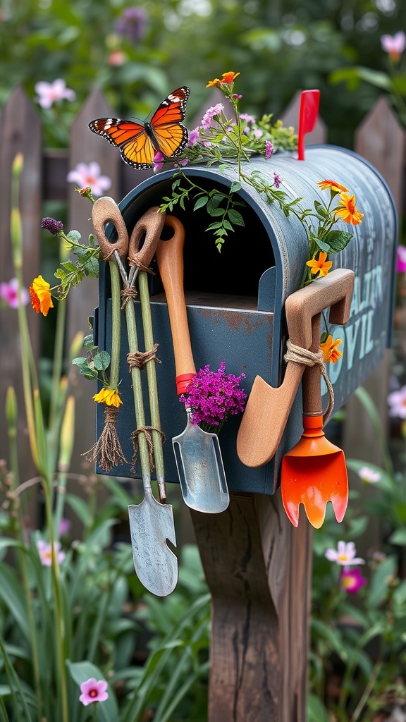 A decorated mailbox featuring gardening tools and colorful flowers, with a butterfly on top.