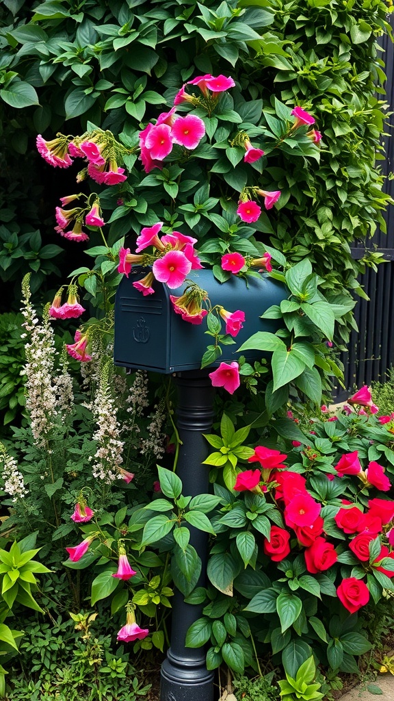 Mailbox surrounded by colorful flowers and greenery