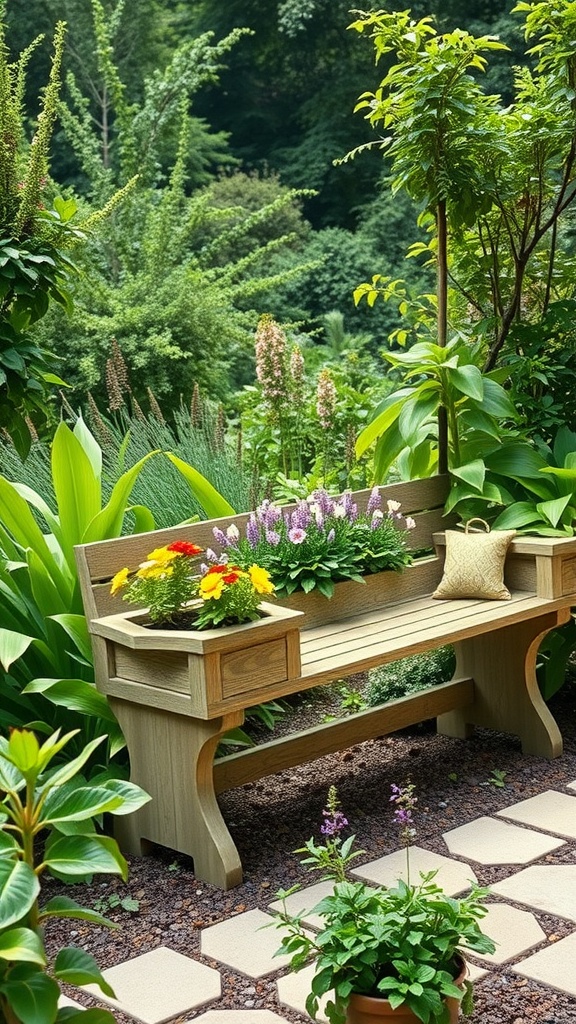 A wooden garden bench surrounded by plants with colorful flowers in built-in planters