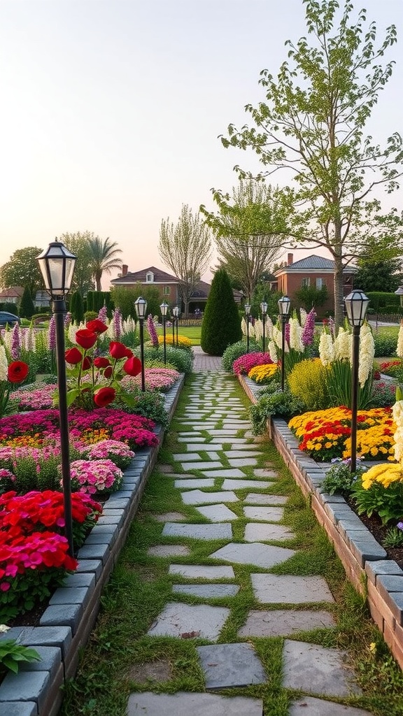 A stone pathway bordered by colorful flowers and lanterns, leading through a vibrant garden.