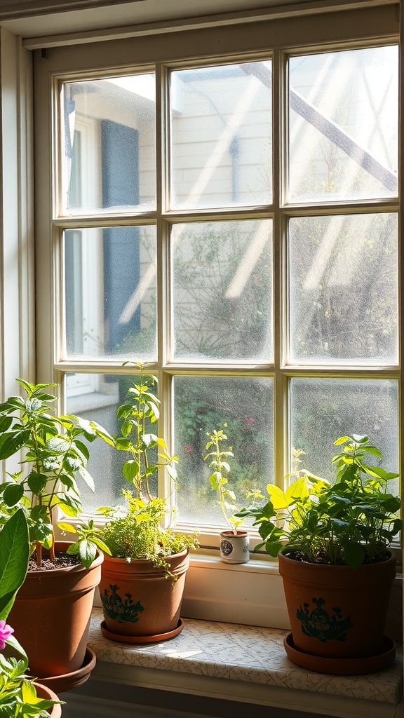 A garden window filled with various herb plants in pots, with sunlight streaming in.