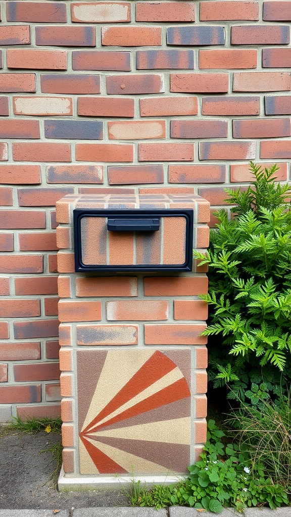 A brick mailbox with a geometric patterned design featuring a fan shape in warm colors.