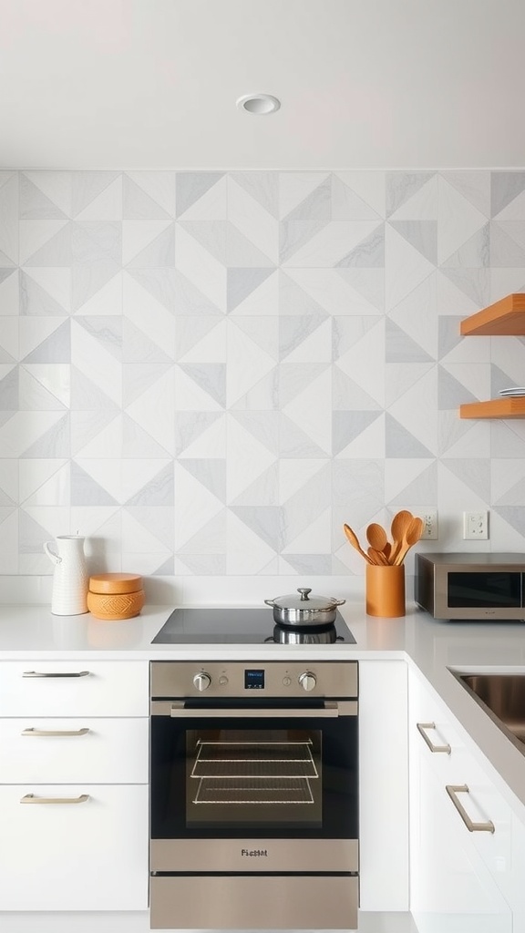 Modern kitchen with geometric patterned accent wall and sleek appliances