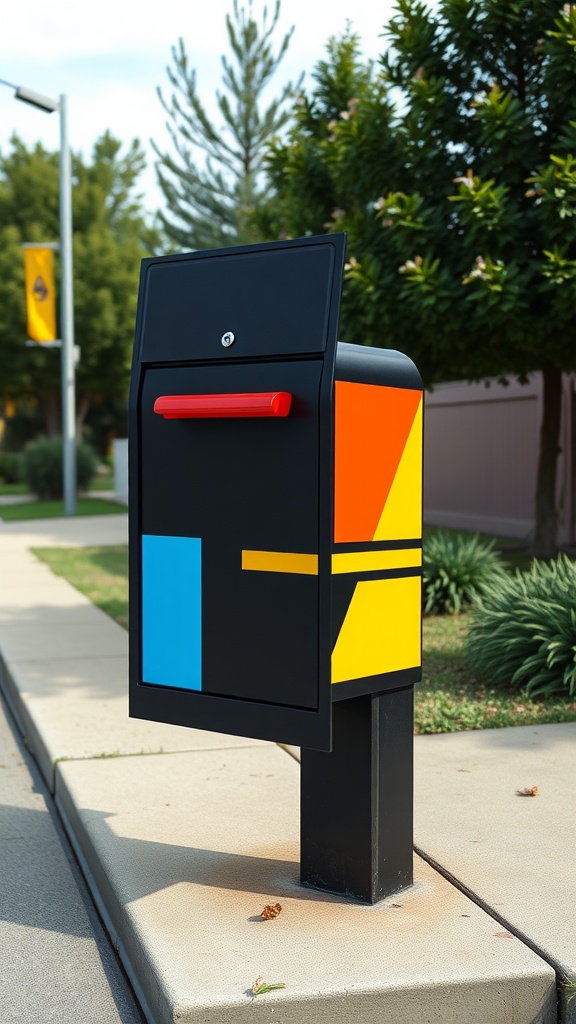 A mailbox decorated with geometric shapes and bright colors