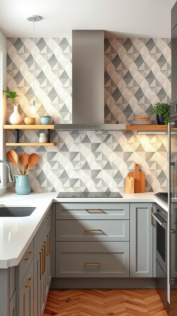 A kitchen with a geometric tile backsplash in gray tones, featuring a modern design with wooden shelves and a sleek countertop.