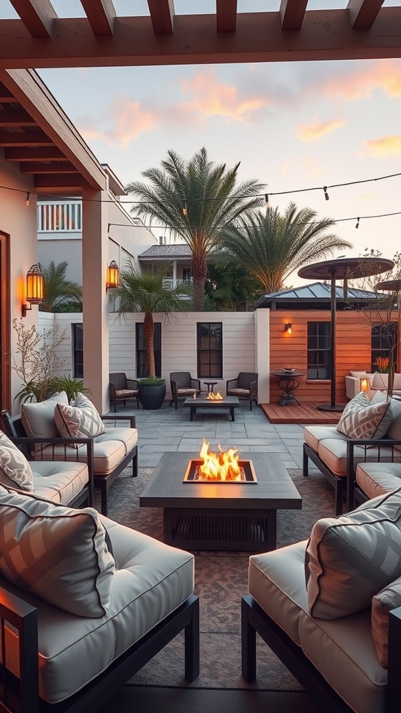 An outdoor lounge featuring a fire pit, plush seating, palm trees, and soft lighting.