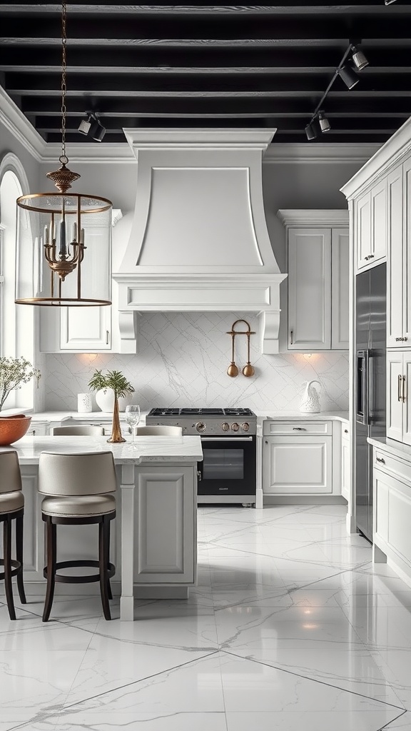 A luxurious white kitchen featuring marble countertops, elegant cabinets, and a stylish seating area.