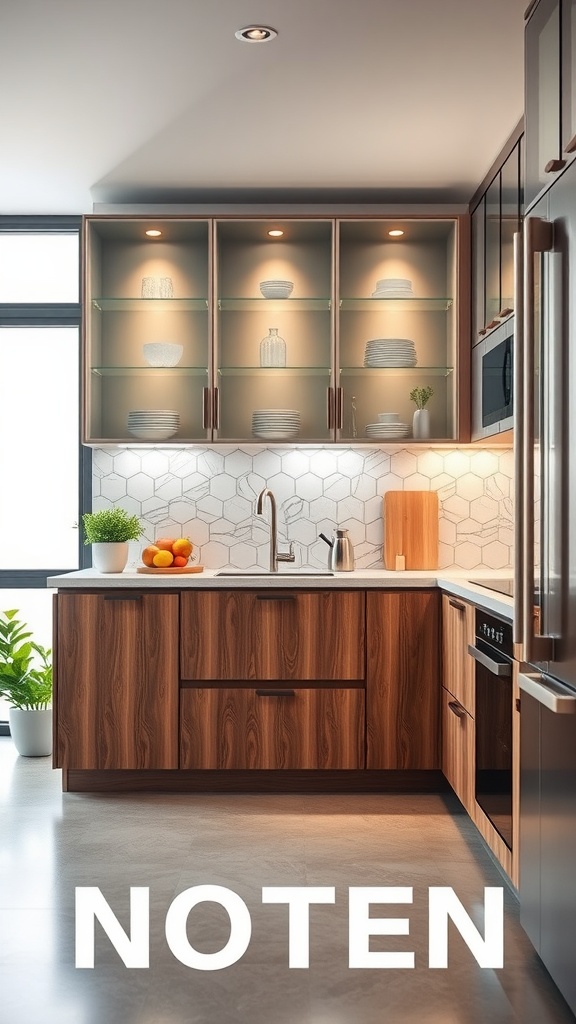 A contemporary kitchen featuring glass-front cabinets, wooden drawers, and a hexagonal tile backsplash.