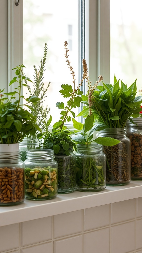 A collection of herbs growing in clear glass jars on a windowsill