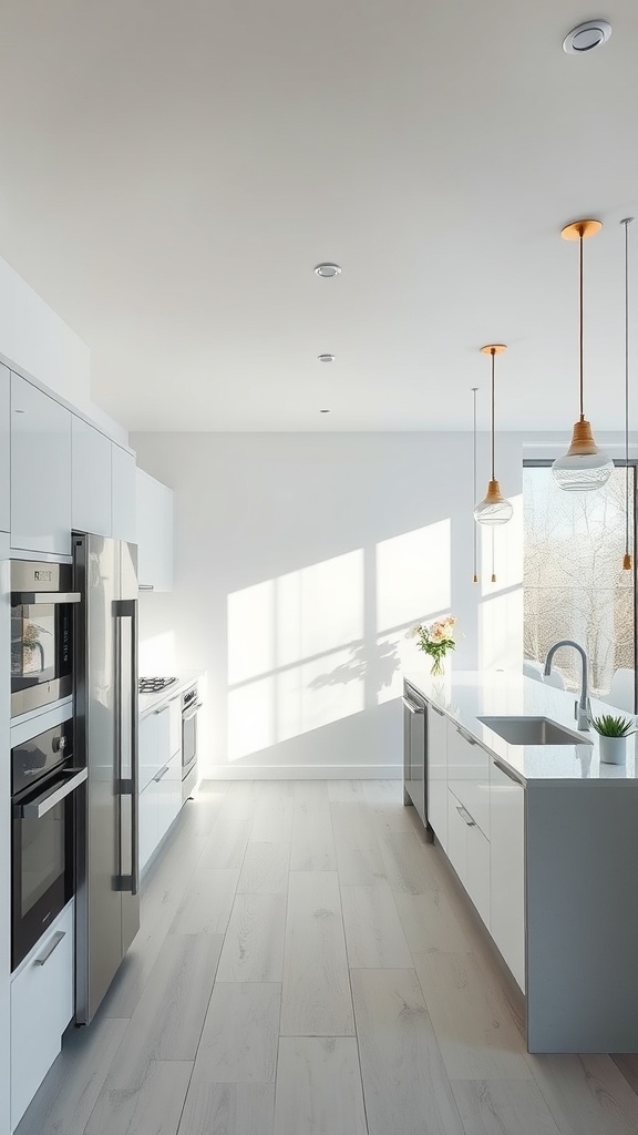 A modern kitchen with glass panels, featuring white cabinets and natural light streaming through the windows.