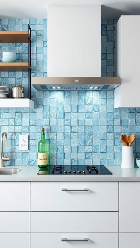 A modern kitchen featuring a blue glass tile backsplash with white cabinetry and open shelving.