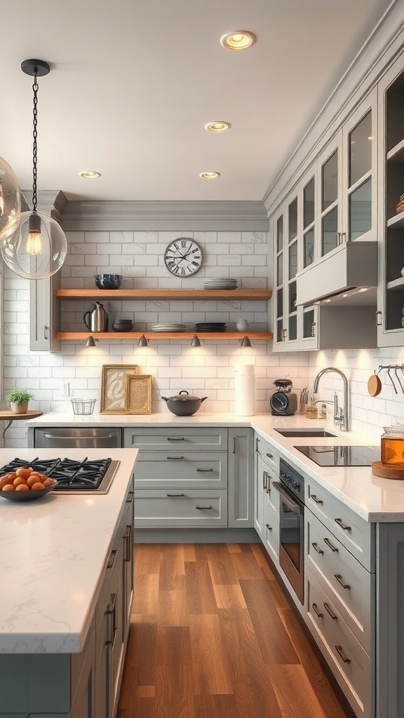 A modern kitchen with grey cabinetry, wooden floors, and a central island, featuring a bowl of oranges and decorative shelves.