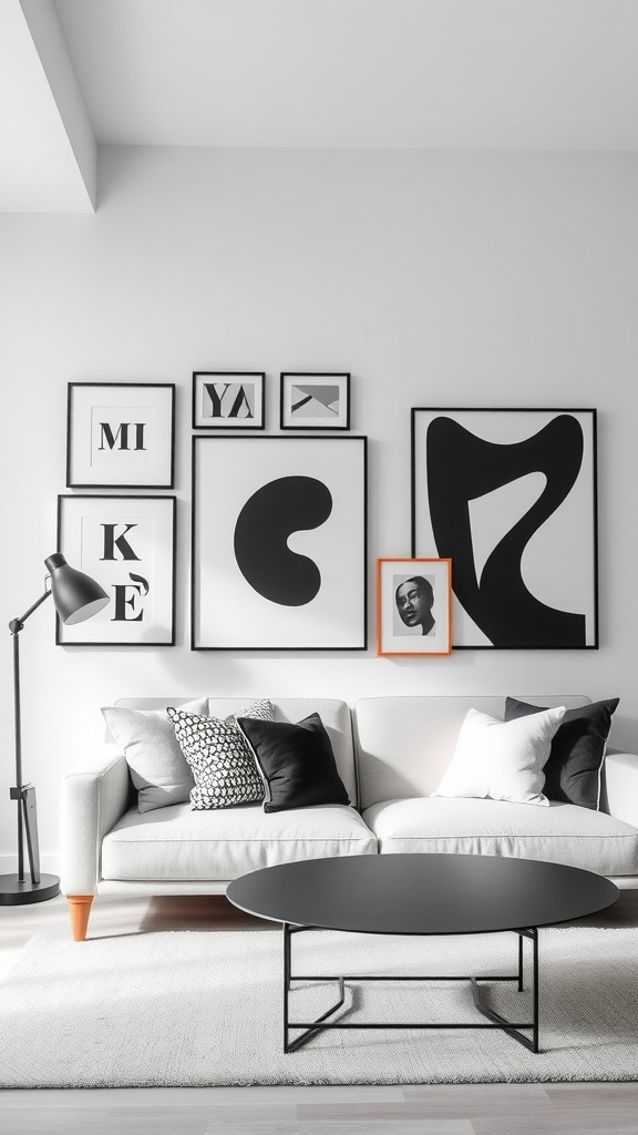 A modern living room featuring a gallery wall of black and white art with a colorful accent frame.