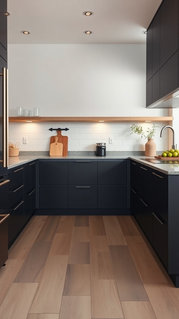 A modern kitchen featuring graphite cabinets and maple accents