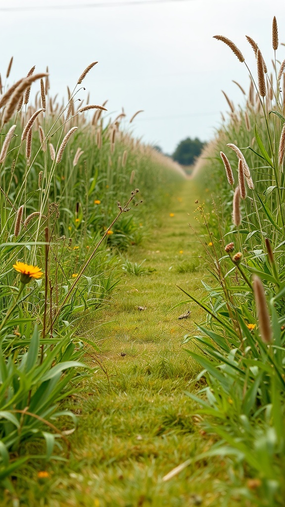 A grassy lane lined with tall grass and wildflowers, inviting exploration.