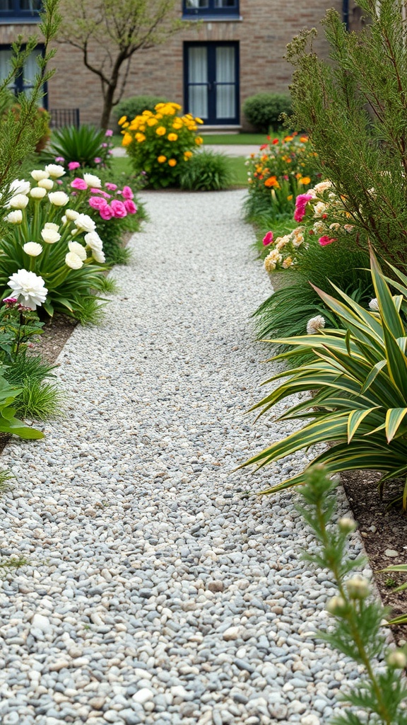 A gravel garden walkway bordered by colorful flowers