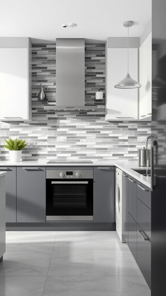 A modern kitchen featuring a gray and white color scheme with a stylish backsplash.