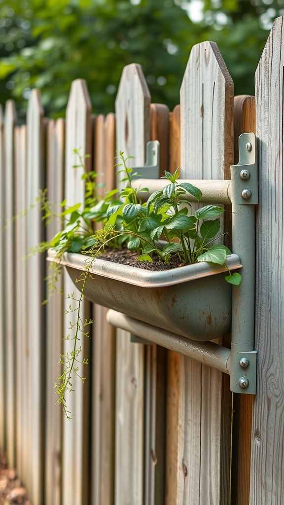 A mounted gutter planter on a wooden fence, filled with green plants, showcasing a creative gardening idea.