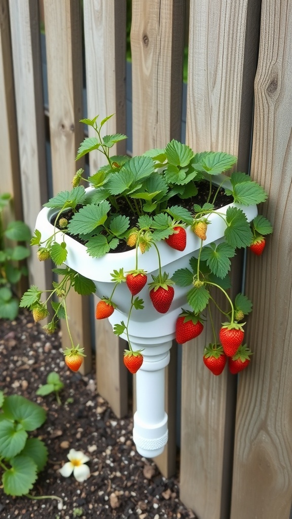 Gutter planter with strawberries growing, mounted on a wooden fence.