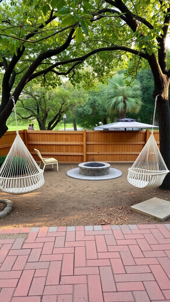 A cozy fire pit area with hammock swings nearby, surrounded by trees and a wooden fence.