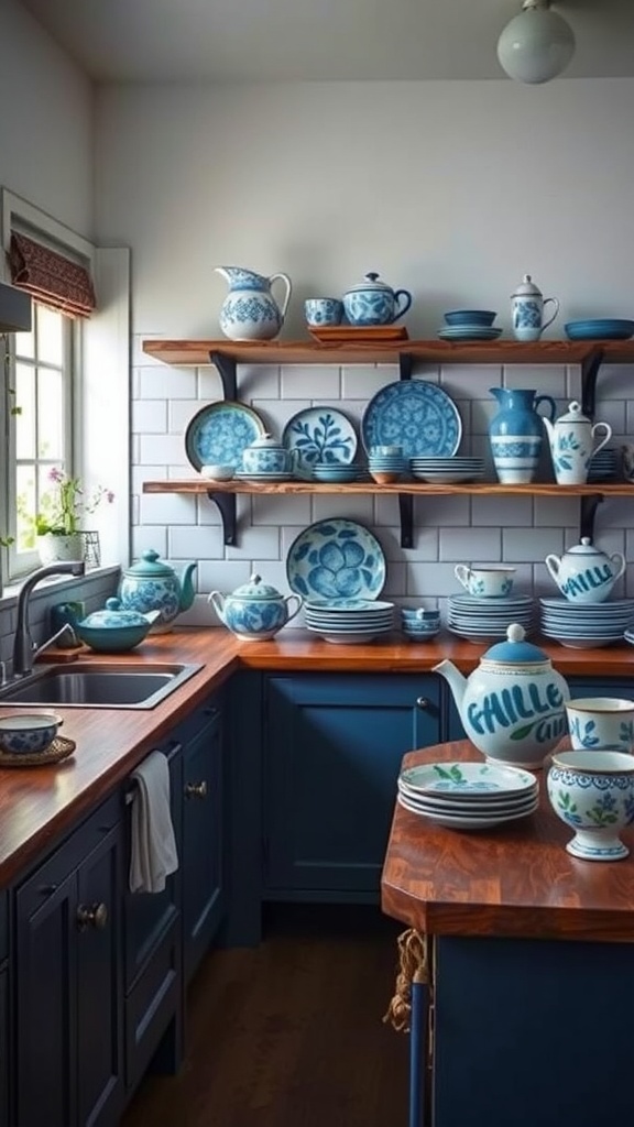 A cozy kitchen featuring hand-painted blue ceramics on wooden shelves and countertops.