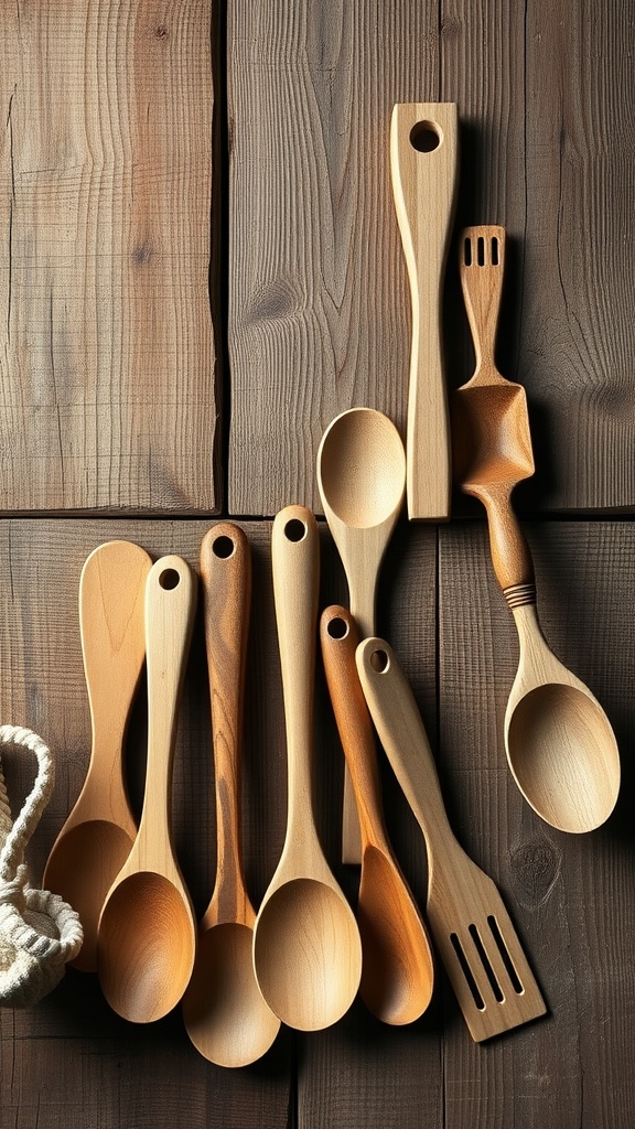 A collection of handcrafted wooden utensils on a rustic wooden surface.