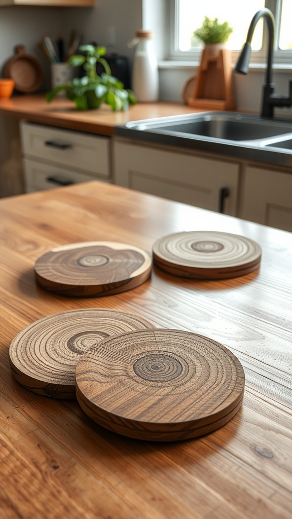 Four handmade wooden coasters on a wooden kitchen table in a bright kitchen setting.