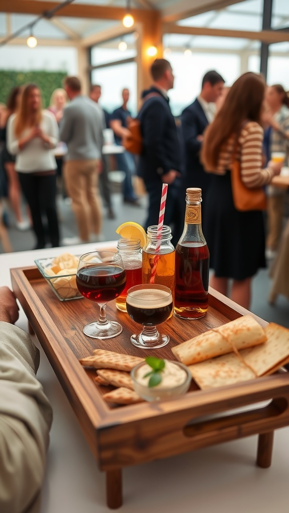 A wooden serving tray filled with drinks and snacks at a social gathering.