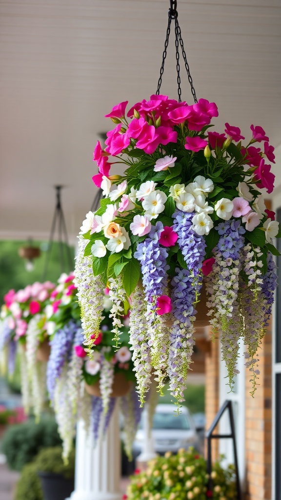 Colorful hanging flower baskets with pink, white, and purple blooms