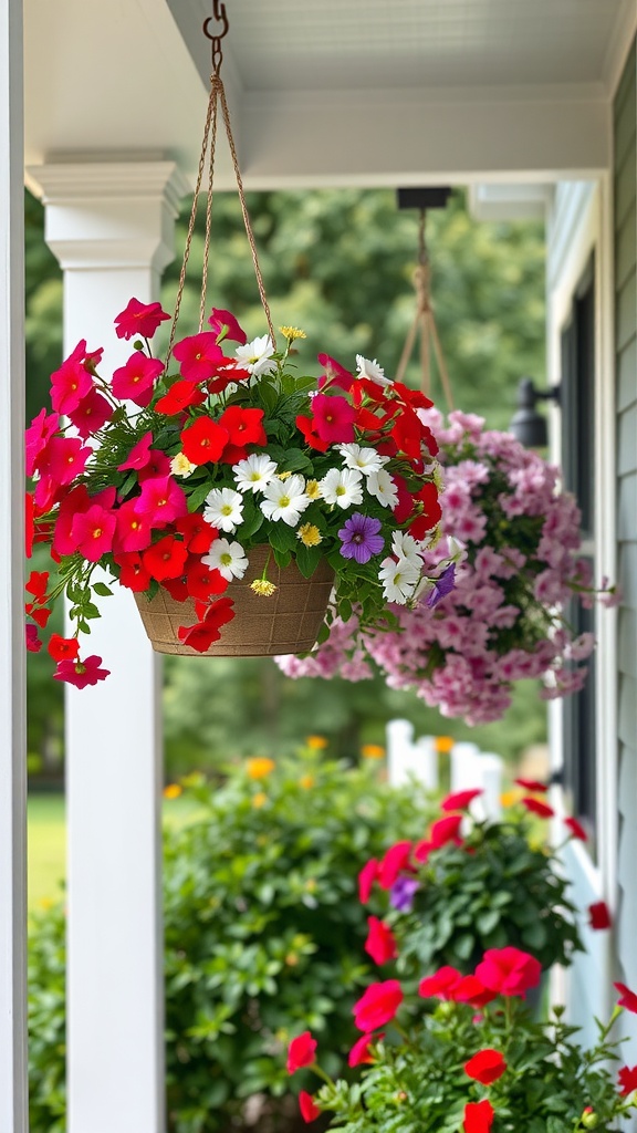 Colorful hanging flower baskets on a porch, showcasing vibrant blooms in various shades.