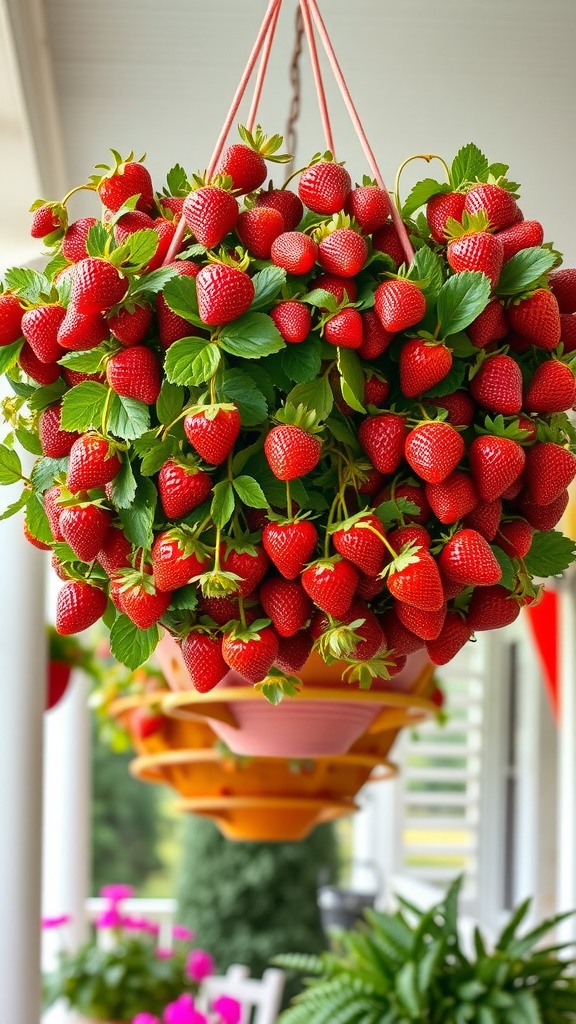 A lush hanging basket filled with ripe red strawberries and green leaves.