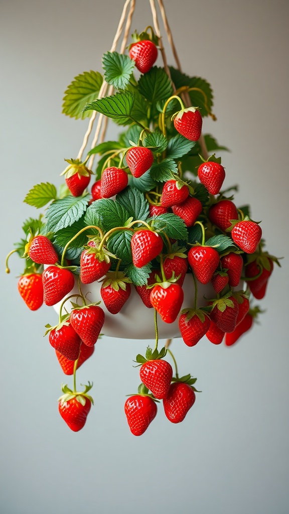 A hanging strawberry planter filled with ripe strawberries and green leaves.