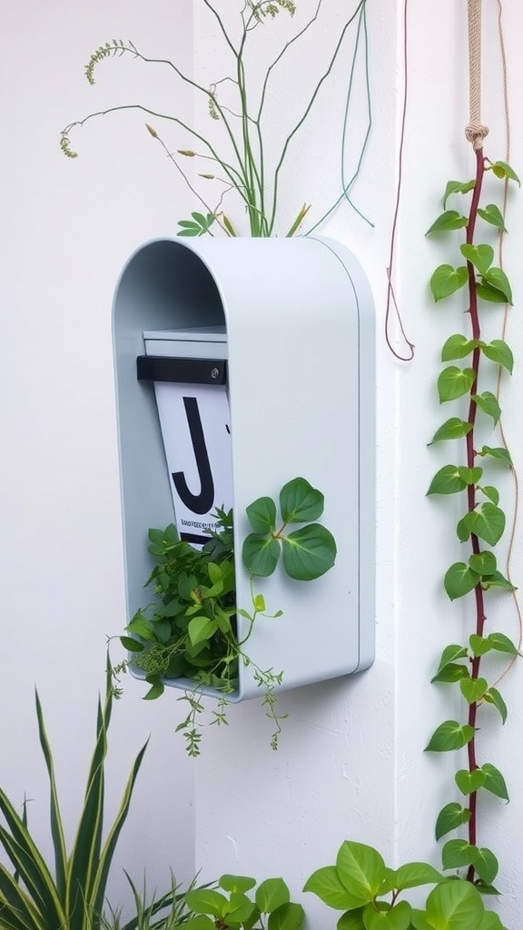 A modern hanging vertical mailbox integrated with plants, showcasing a minimalist design with greenery around it.