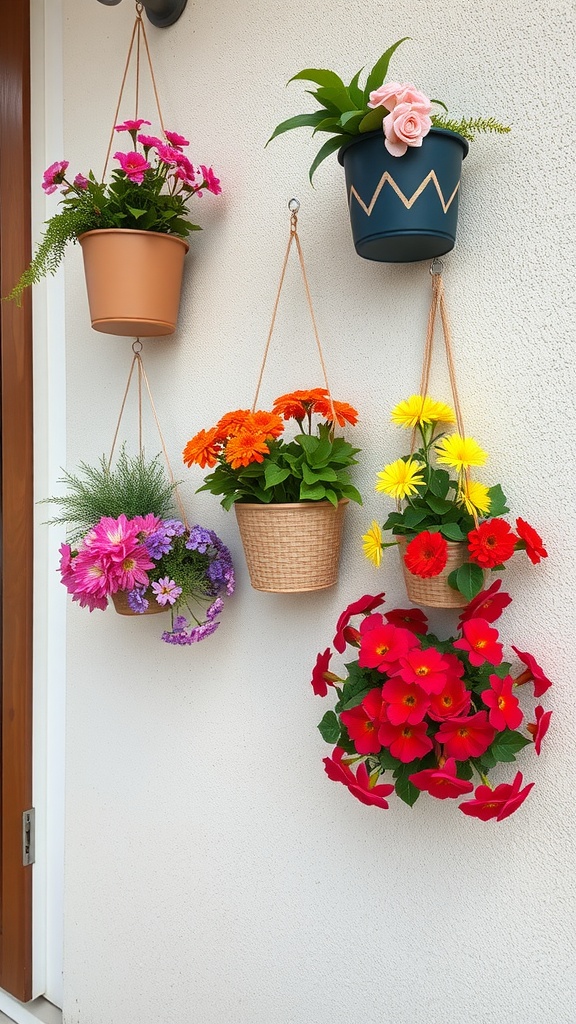 A display of colorful hanging wall planters with various flowers against a light wall.