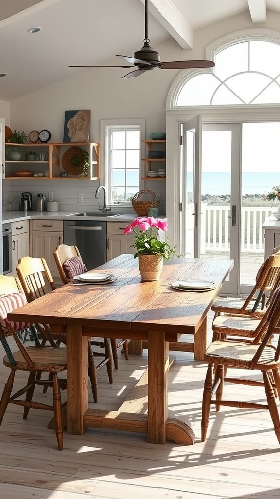 A cozy dining area with a wooden harvest table, surrounded by chairs and a view of the ocean.