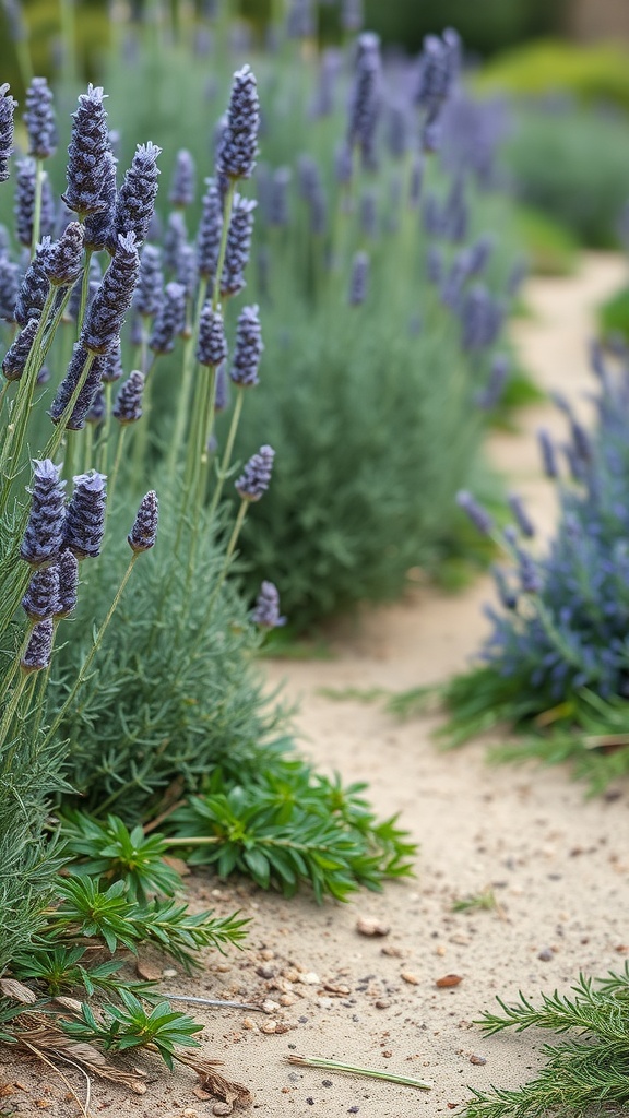 A path lined with lavender and other herbs in a garden.