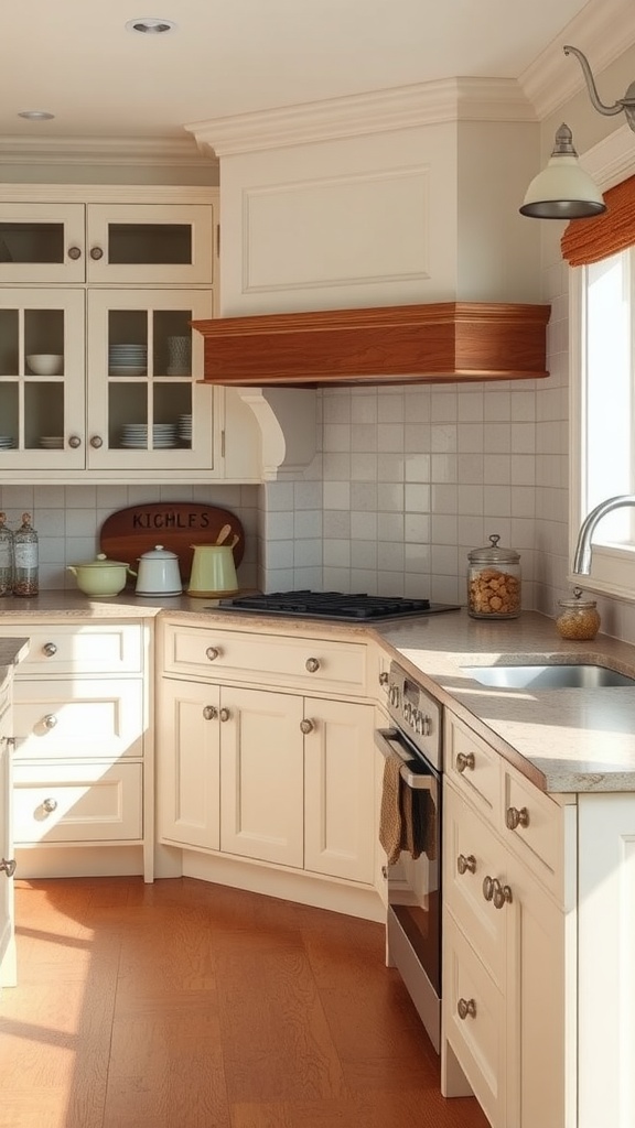 A cozy heritage-inspired kitchen featuring light cabinets, wooden accents, and modern appliances.