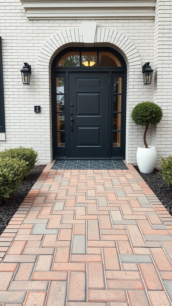 Herringbone brick pathway leading to a front door, with shrubs on either side and a black door framed by two lanterns.