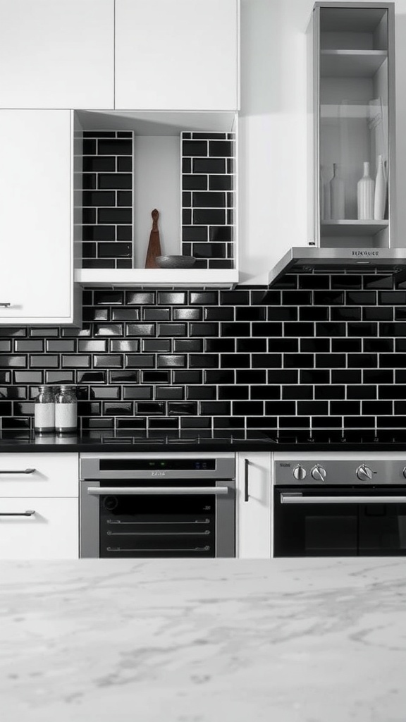 A modern kitchen featuring a high-contrast black tile backsplash against white cabinetry.