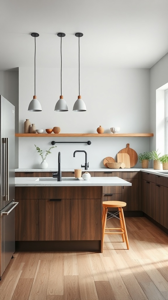 Scandinavian kitchen with wooden cabinets, marble countertop, and pendant lighting