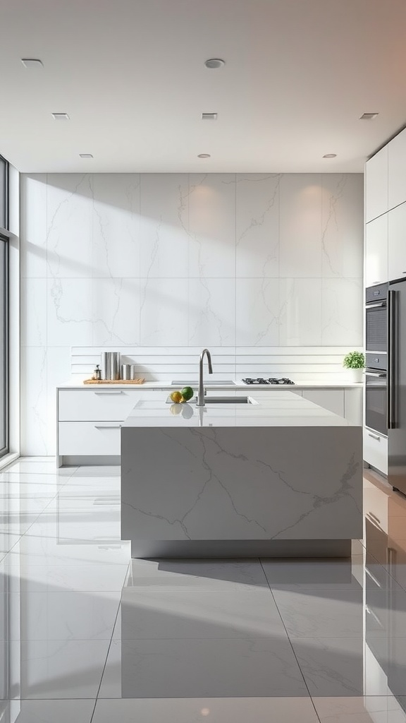 A modern kitchen with high gloss tiles and a sleek design featuring a large island and bright sunlight.