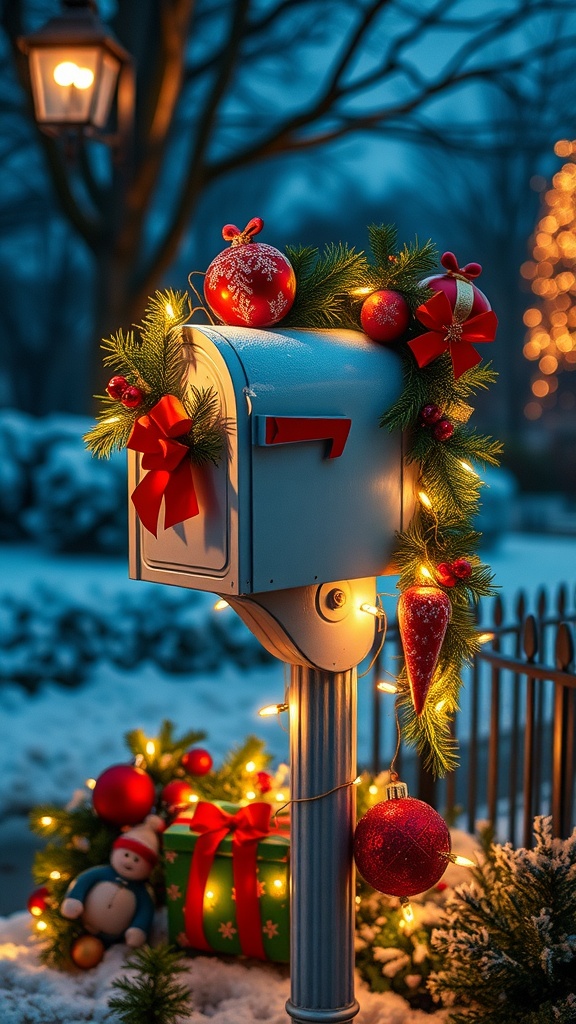 A holiday-themed mailbox decorated with ornaments, garlands, and lights, surrounded by snow and gift-wrapped boxes.