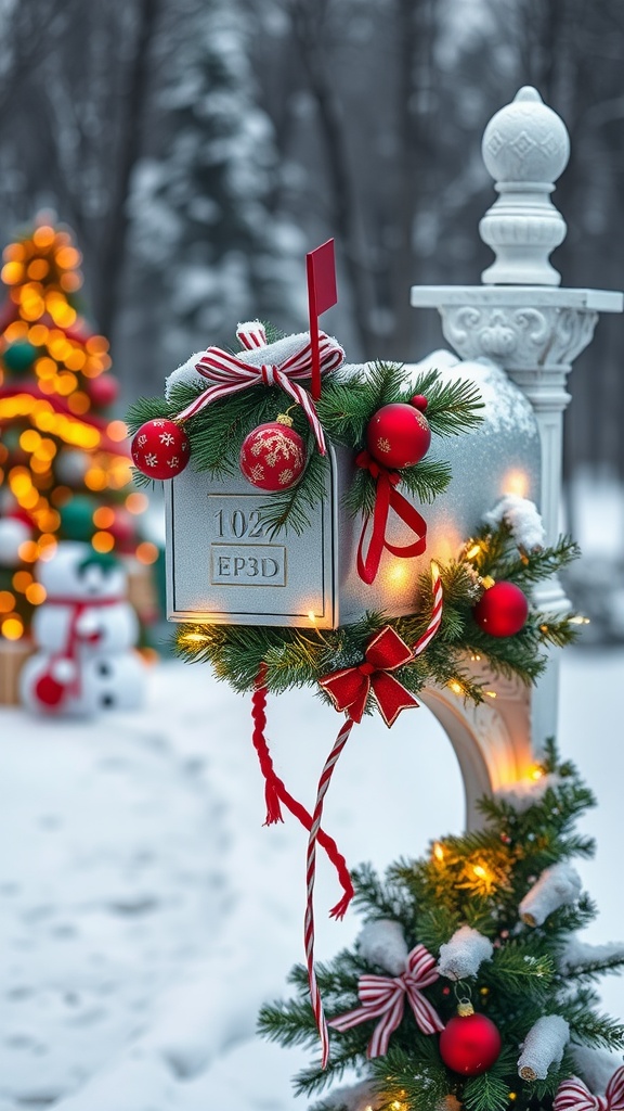 A beautifully decorated mailbox with greenery, ornaments, and lights in a snowy holiday setting.