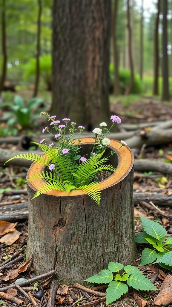 A rustic hollow log planter filled with colorful flowers and ferns, surrounded by a forest setting.