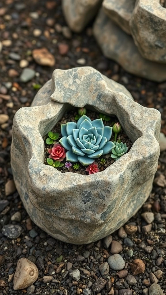 Hollowed stone planter with succulents and small flowers